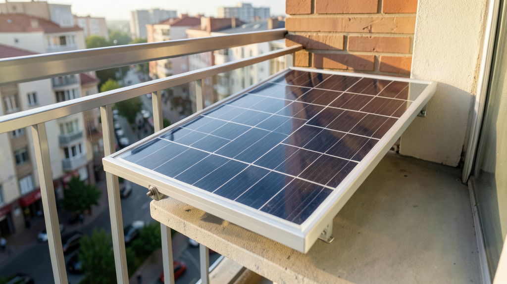 panneau solaire pour locataire installé sur un balcon d'appartement en milieu urbain