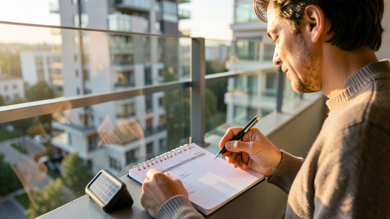 panneau solaire pour locataire et une checklist de planification sur un balcon d'appartement ensoleillé