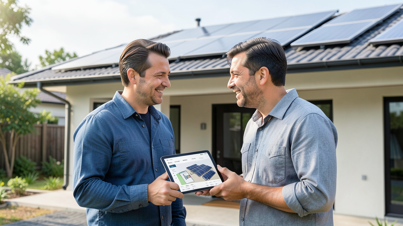 panneau solaire pour locataire discutant de l'installation sur le toit avec son propriétaire