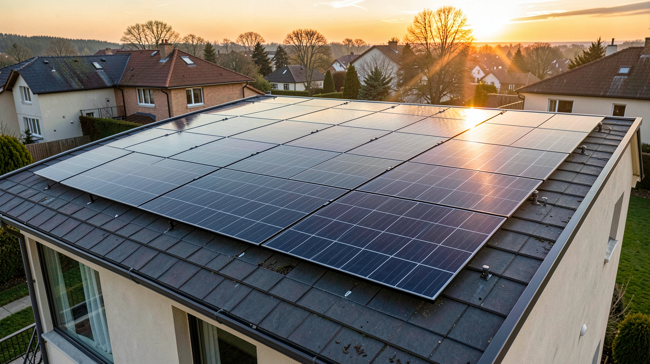 panneau solaire pour maison 50m2 montrant des panneaux monocristallins noirs installés sur un toit de maison