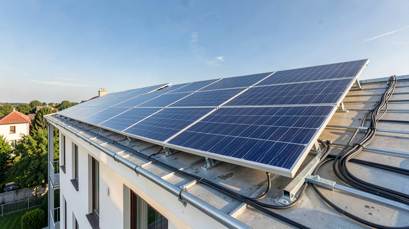 panneau solaire pour maison 50m2 installé sur un toit-terrasse avec vue sur le ciel