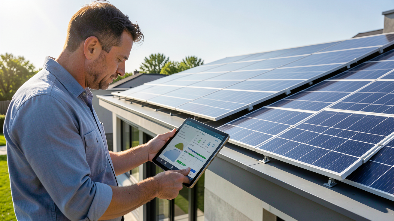 panneau solaire pour maison autonome avec un technicien calculant la puissance nécessaire sur un toit