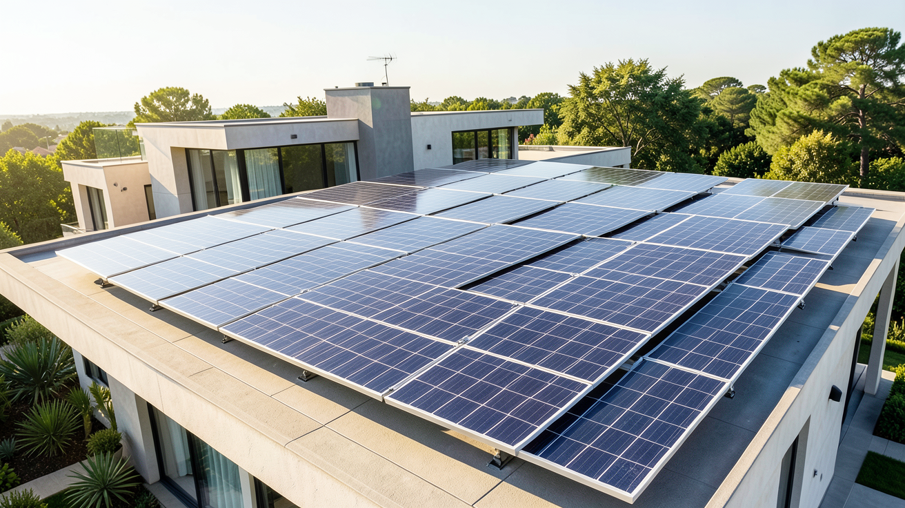 panneau solaire pour maison autonome installé sur la toiture d'une résidence moderne