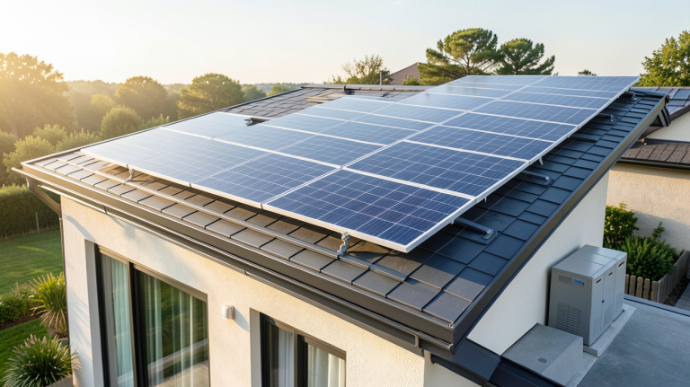 panneau solaire pour maison autonome installé sur un toit avec des batteries de stockage
