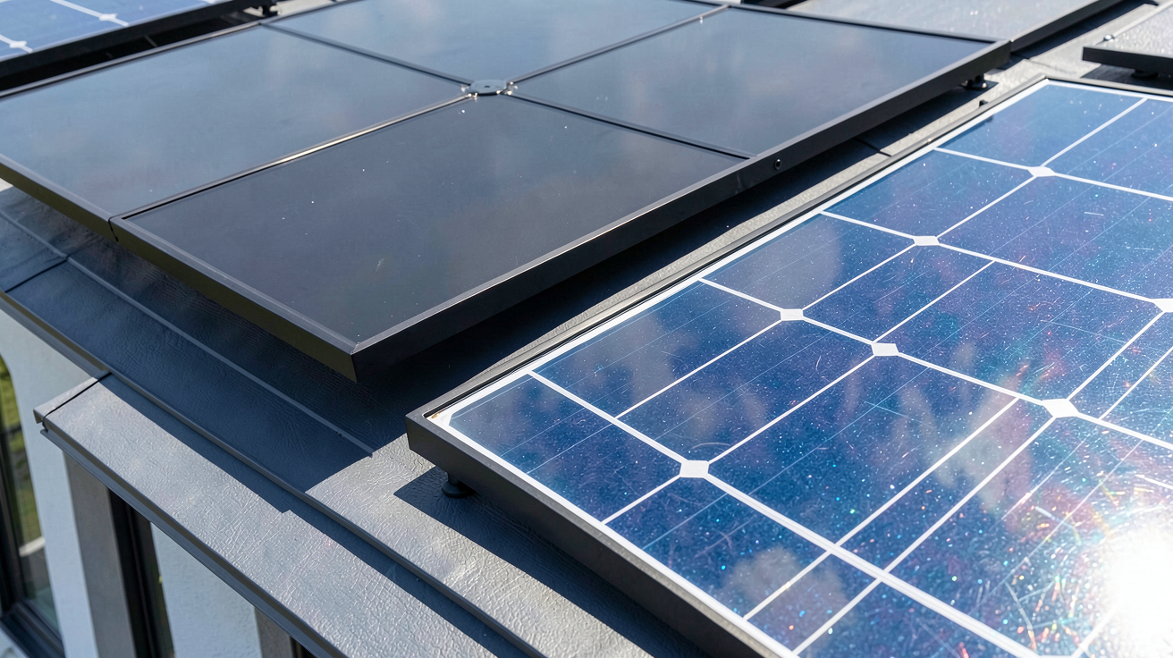 panneau solaire pour maison montrant la différence entre les cellules monocristallines noires et polycristallines bleues sur un toit