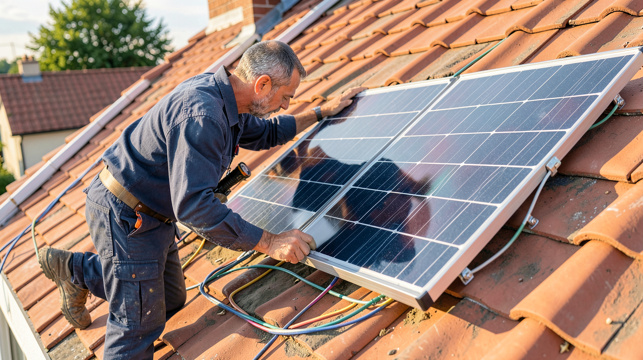panneau solaire pour maison lors des étapes d'installation d'un kit solaire par un technicien