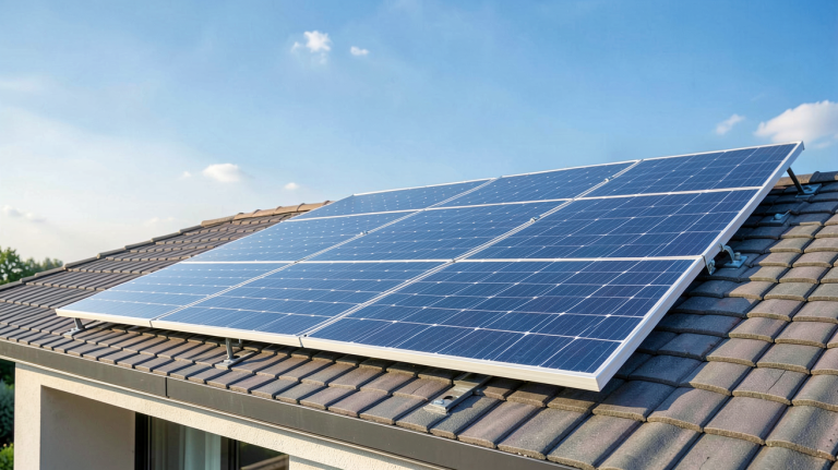 panneau solaire pour maison installé sur le toit d'une habitation moderne sous un ciel bleu