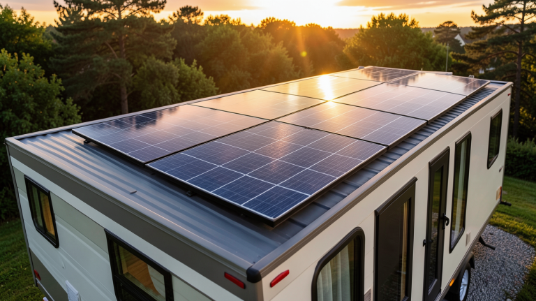 panneau solaire pour mobil home installé sur le toit d'un mobil-home moderne