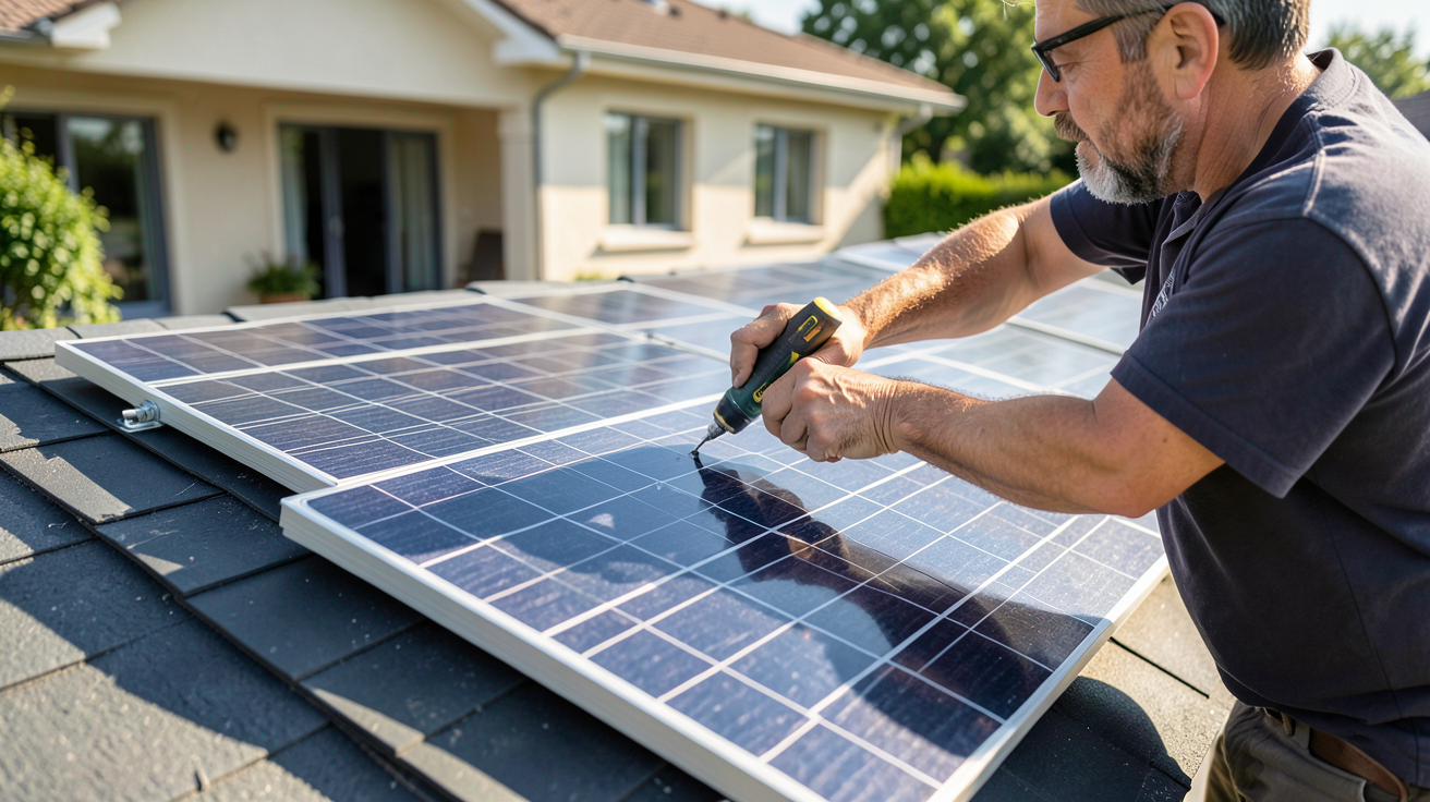 panneau solaire pour particulier en cours d'installation sur le toit d'une maison moderne
