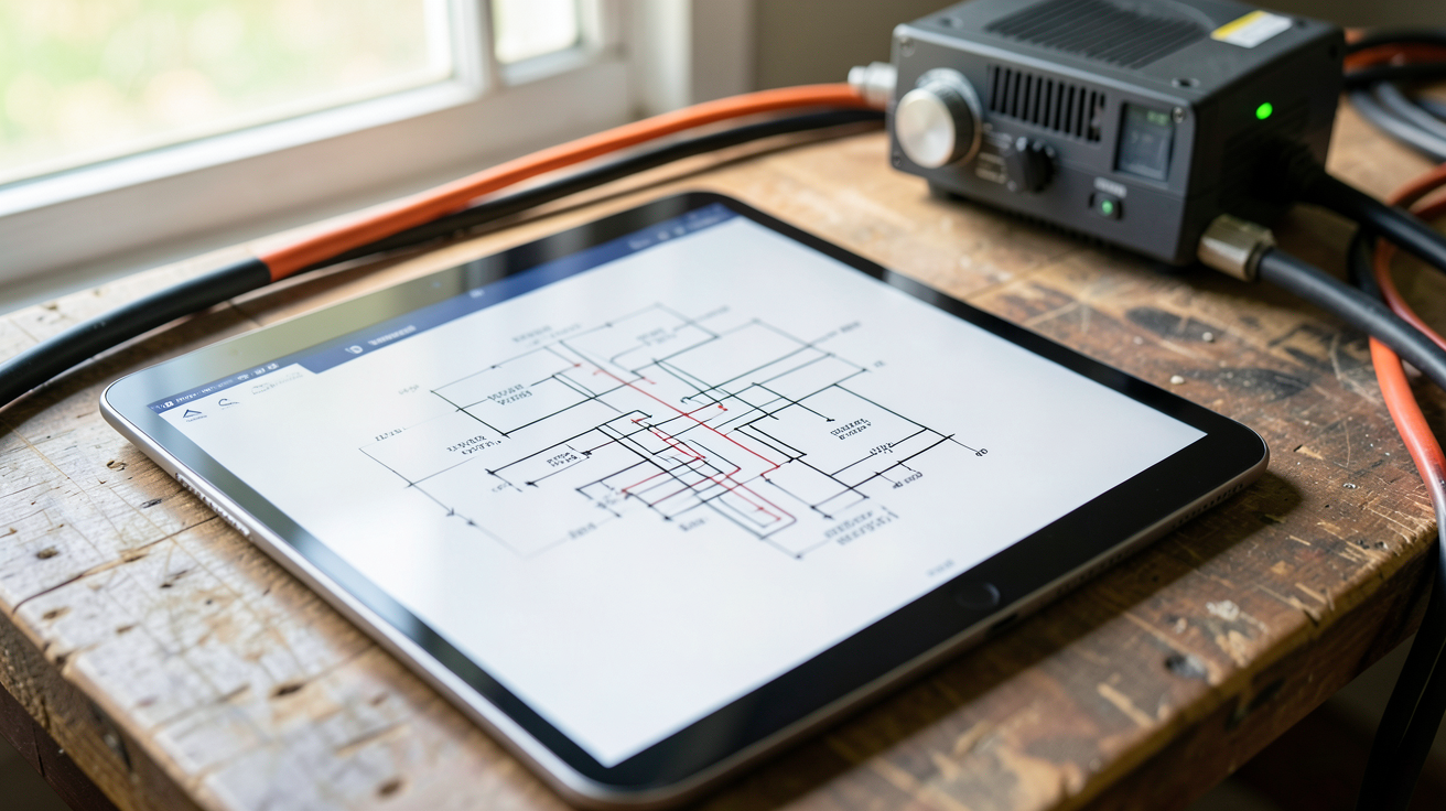 panneau solaire pour particulier illustré par un schéma de raccordement électrique sur une tablette numérique