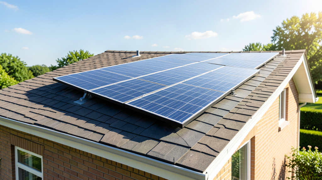 panneau solaire pour particulier installé sur le toit d'une maison moderne avec un ciel bleu dégagé
