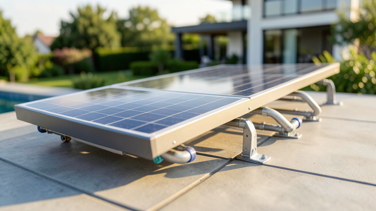 panneau solaire pour piscine 30m3 installé sur un toit, système thermique avec tubes collecteurs