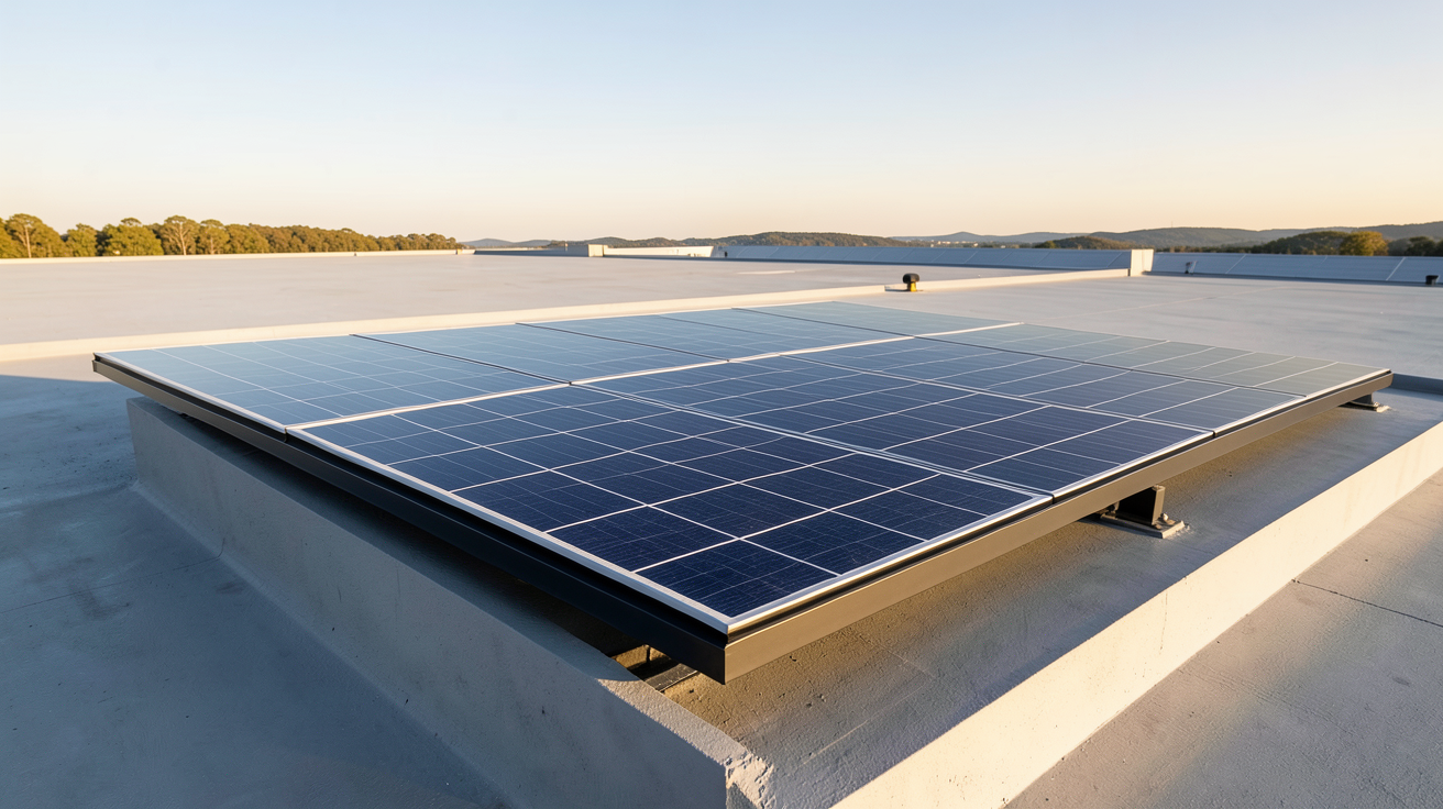 panneau solaire pour piscine 30m3 installé sur un toit plat avec vue sur une piscine