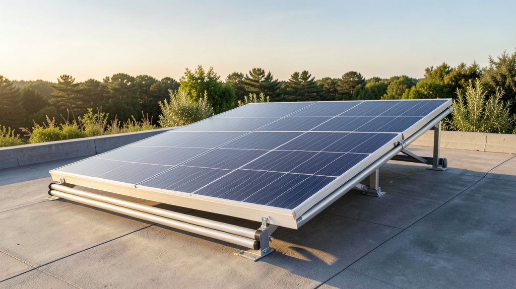 panneau solaire pour piscine 30m3 installé sur un toit plat avec vue sur une piscine