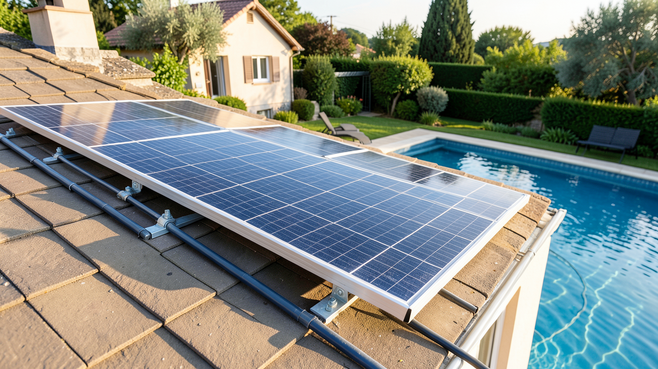 panneau solaire pour piscine 30m3 installé sur le toit d'une maison avec piscine en arrière-plan