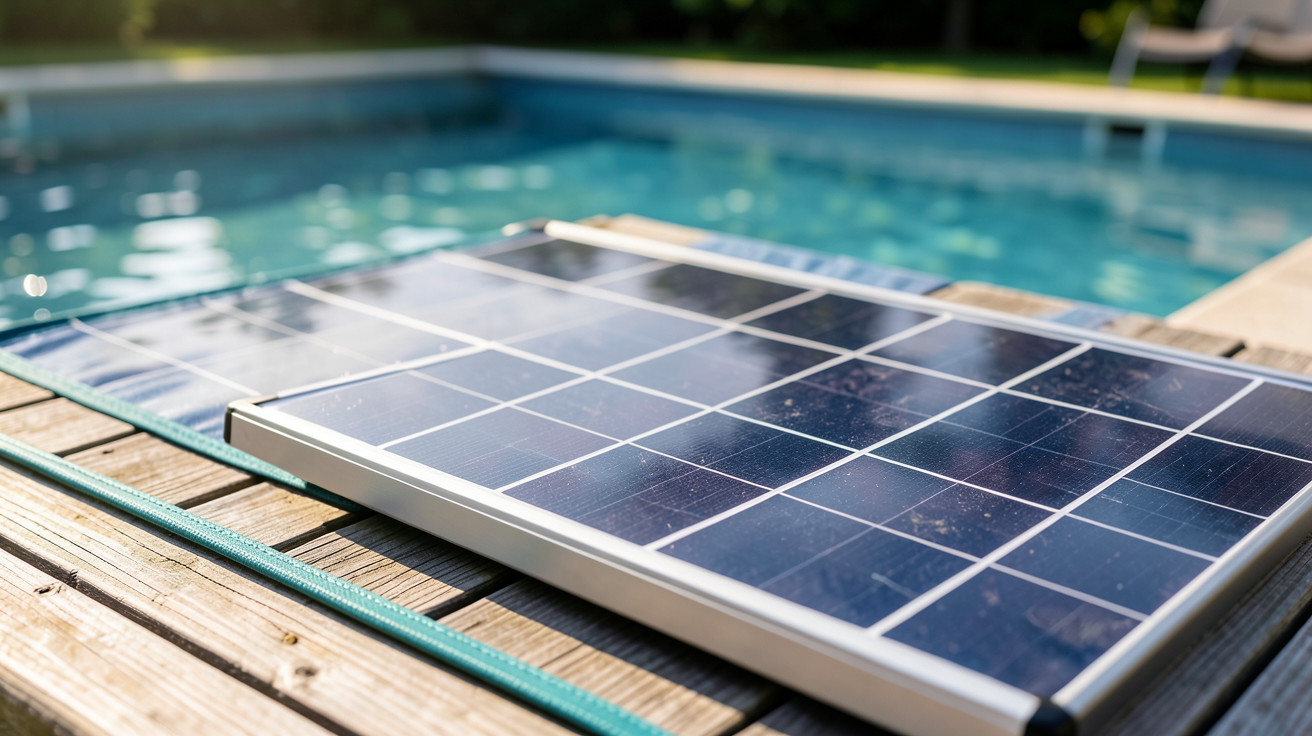 panneau solaire pour piscine hors sol comparé à un tapis solaire, installé près d'une piscine hors sol