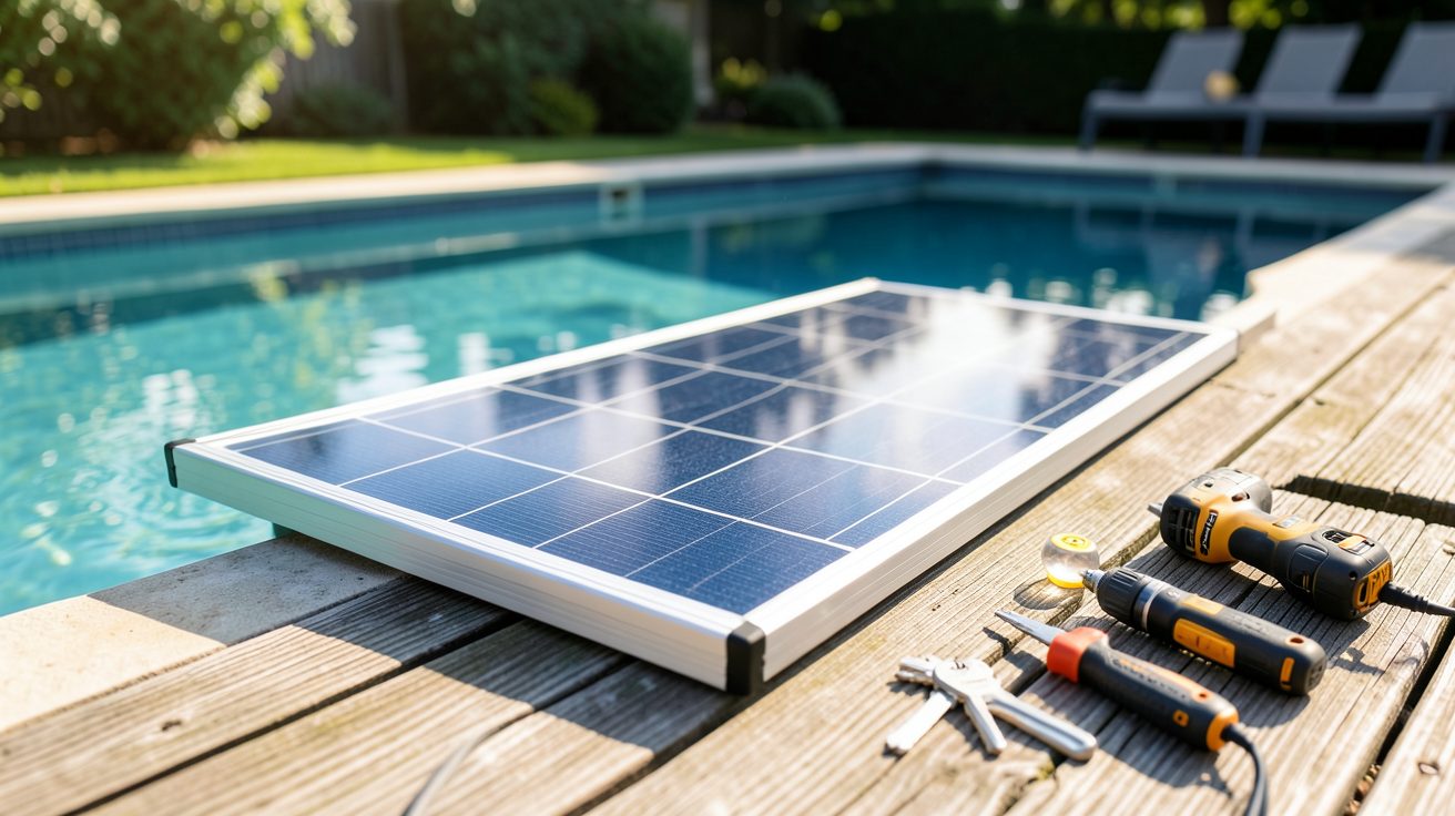 panneau solaire pour piscine hors sol installé sur le bord d'une piscine en bois avec outils de bricolage