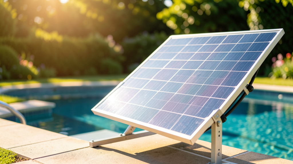 panneau solaire pour piscine hors sol installé en été à côté d'une piscine gonflable ou rigide