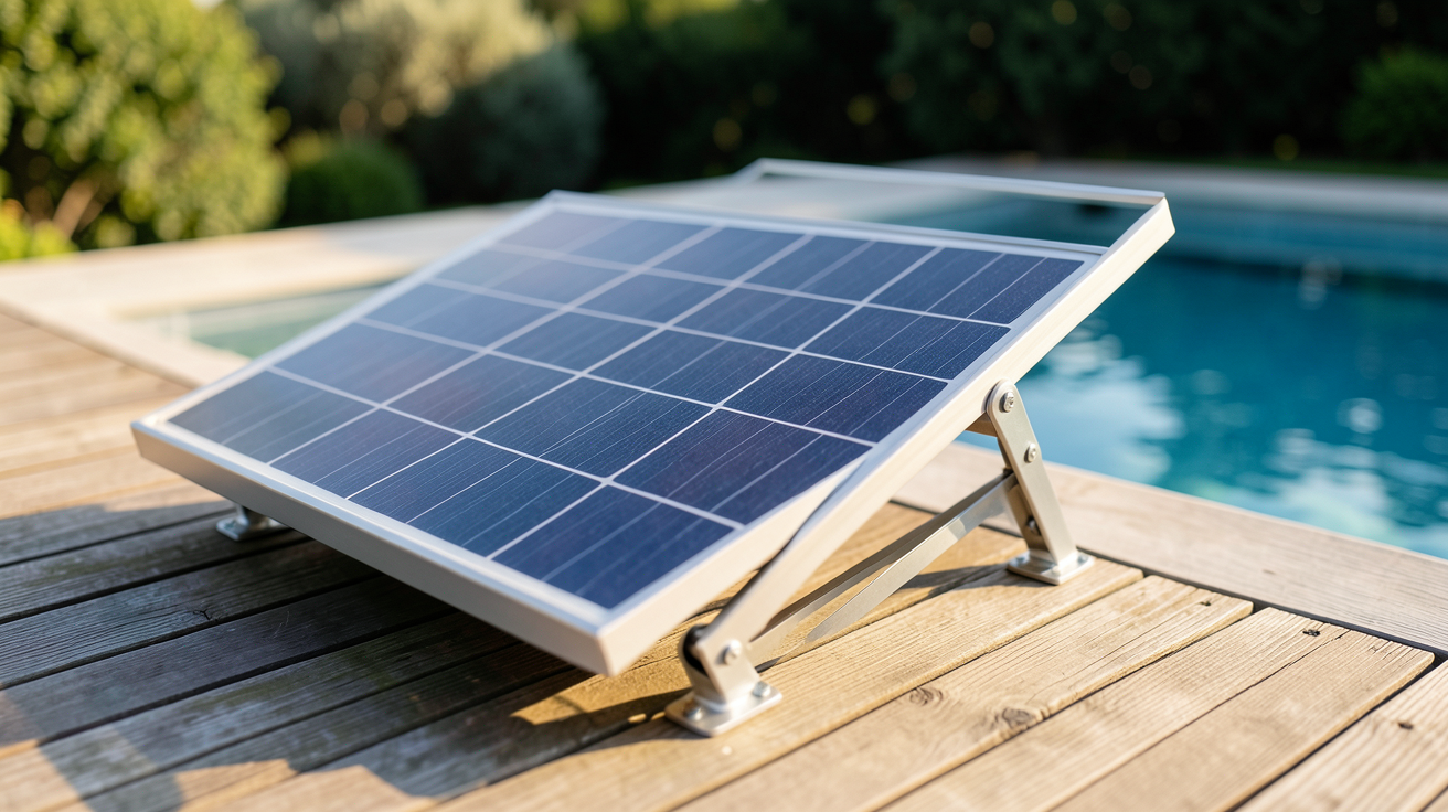 panneau solaire pour piscine hors sol installé sur une terrasse en bois avec une piscine hors sol en arrière-plan