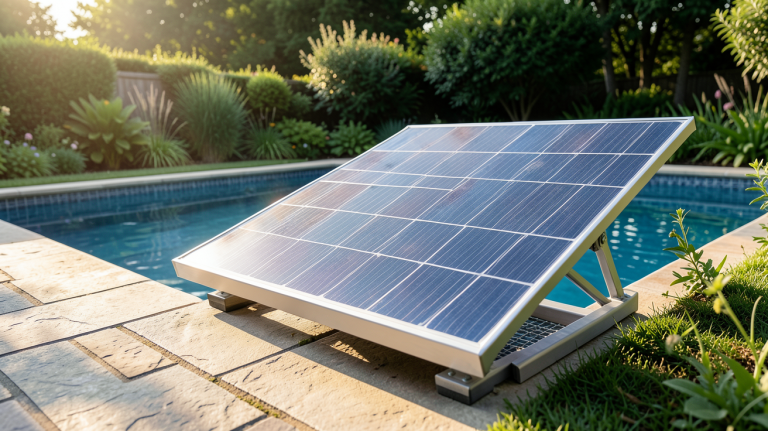 panneau solaire pour piscine installé en bordure d'une piscine extérieure avec lumière naturelle