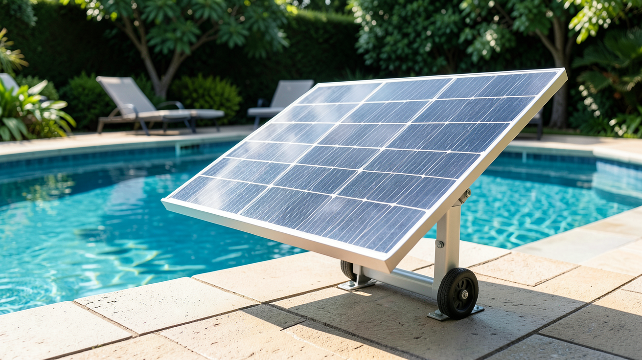 panneau solaire pour piscine installé à côté d'une piscine, démontrant la station solaire plug & play prête à l'emploi