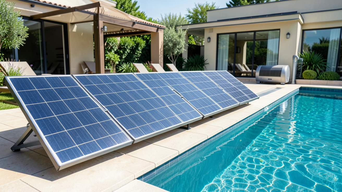 panneau solaire pour pompe à chaleur piscine installé près d'un bassin d'eau moderne.