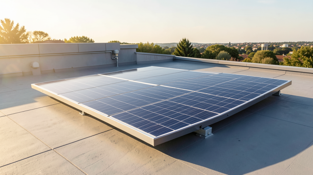 panneau solaire pour pompe à chaleur piscine installé sur un toit ensoleillé avec vue sur une piscine