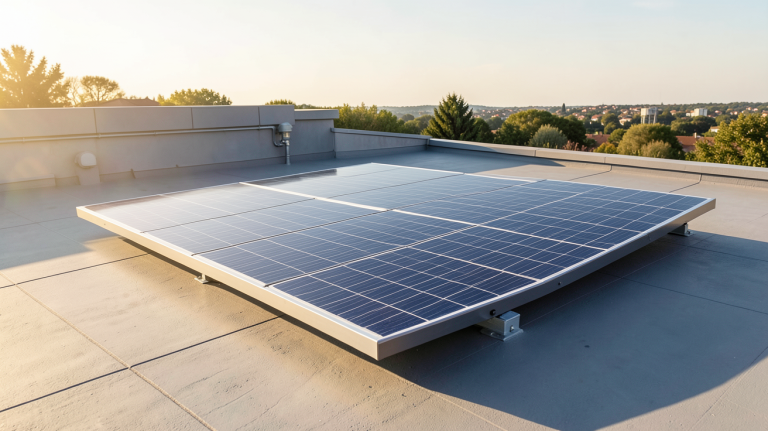 panneau solaire pour pompe à chaleur piscine installé sur un toit ensoleillé avec vue sur une piscine