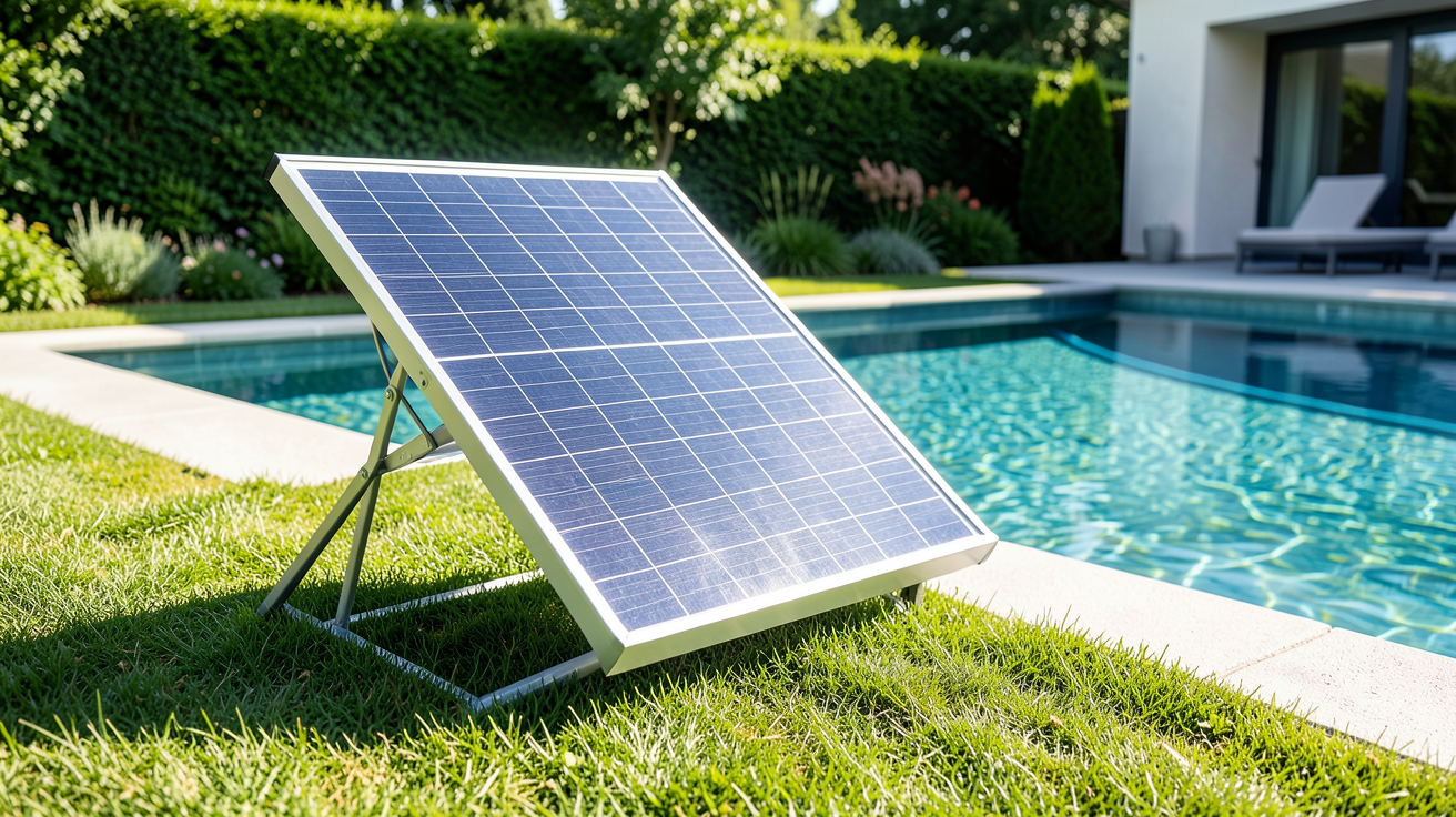 panneau solaire pour pompe à chaleur piscine installé dans un jardin résidentiel ensoleillé