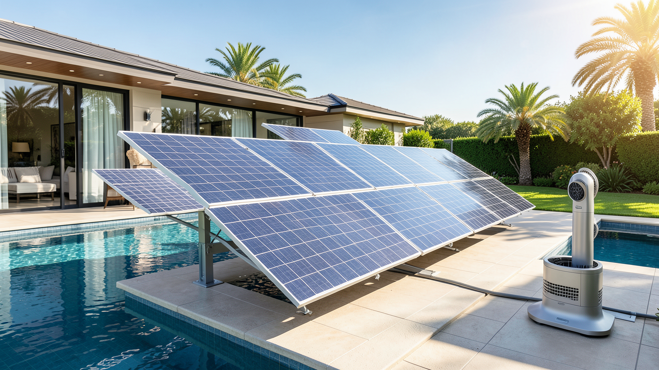 panneau solaire pour pompe à chaleur piscine installé dans un jardin avec une piscine étincelante