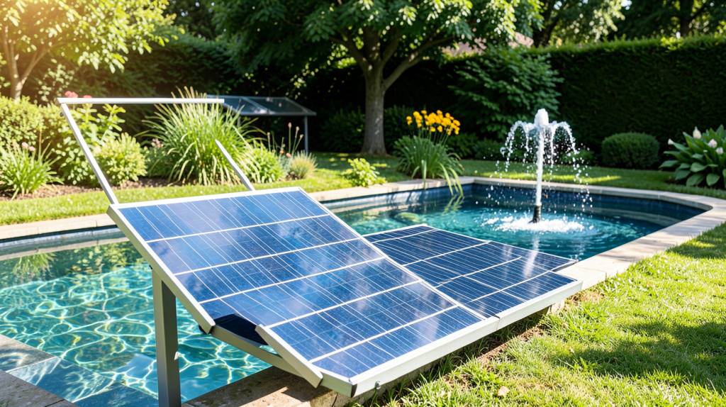 panneau solaire pour pompe bassin installé dans un jardin avec une eau claire