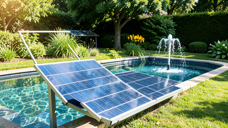 panneau solaire pour pompe bassin installé dans un jardin avec une eau claire
