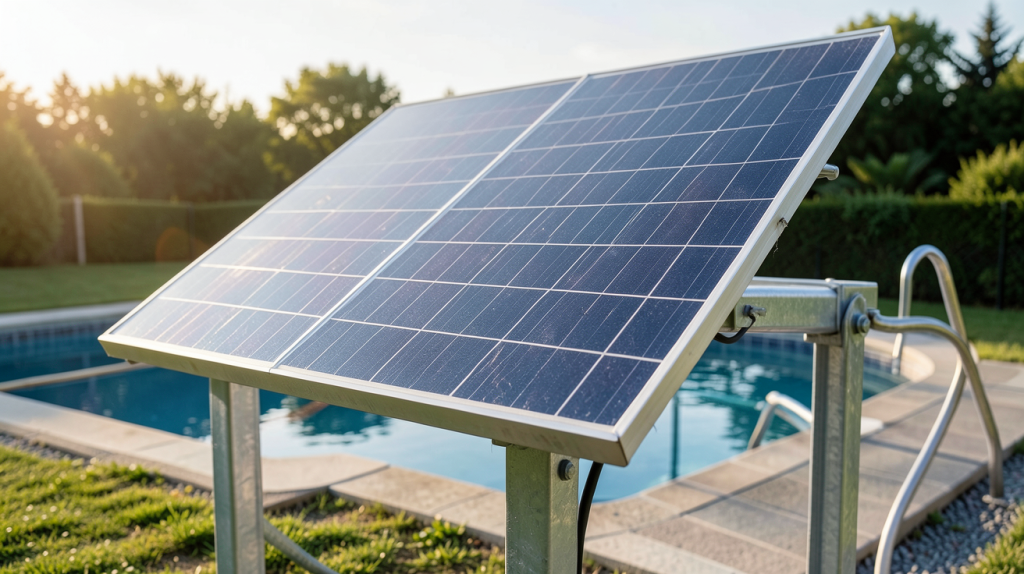 panneau solaire pour pompe piscine installé sur un support extérieur près d'une piscine