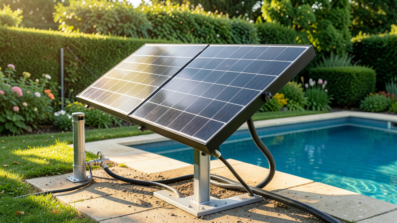 panneau solaire pour pompe piscine installé sur un support incliné à 30 degrés, orienté plein sud, avec une pompe de piscine connectée
