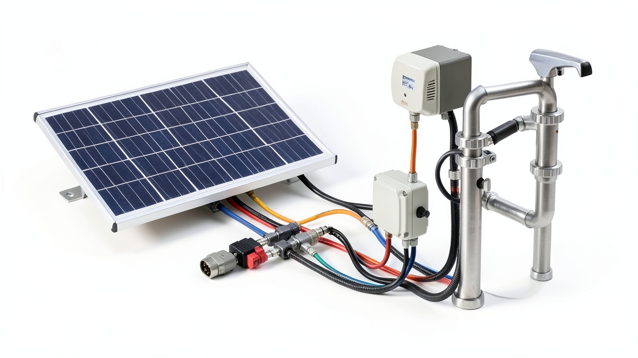 panneau solaire pour pompe piscine avec schéma de branchement détaillé montrant les câbles et connecteurs