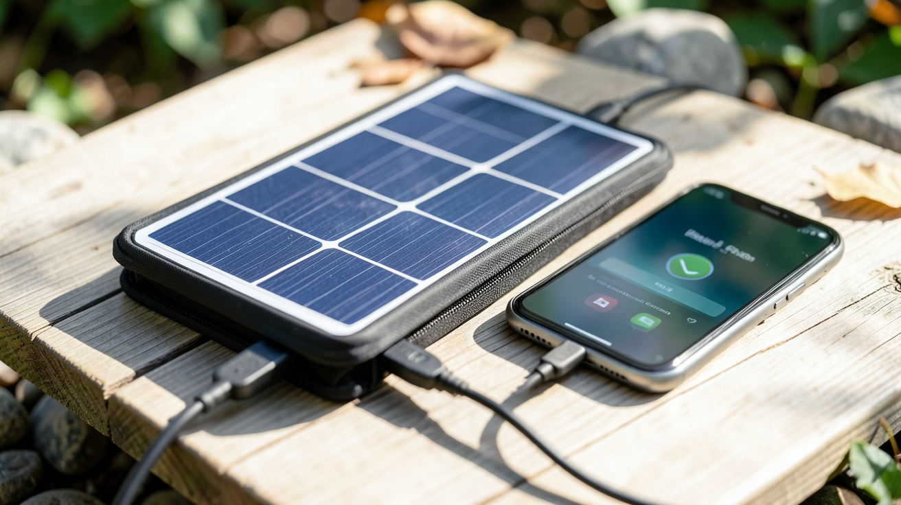 panneau solaire pour portable compact en charge d'un smartphone posé sur une surface en bois