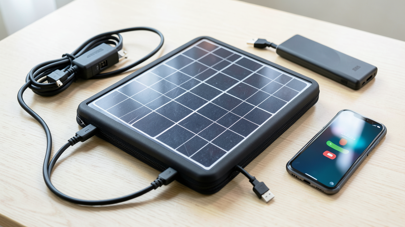 panneau solaire pour portable avec accessoires techniques posés sur une table en bois