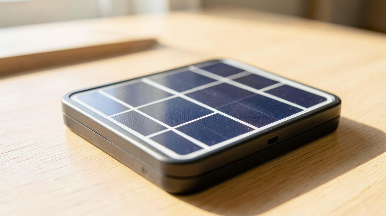 panneau solaire pour portable compact posé sur une surface en bois clair