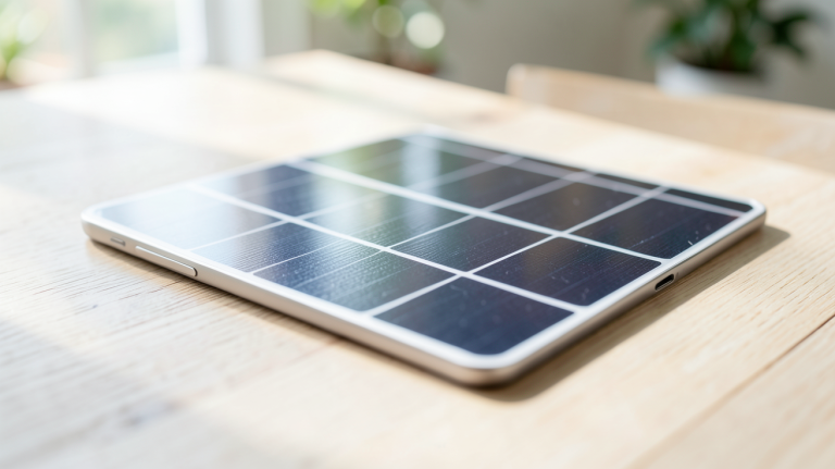 panneau solaire pour portable ultra-mince posé sur une table en bois clair