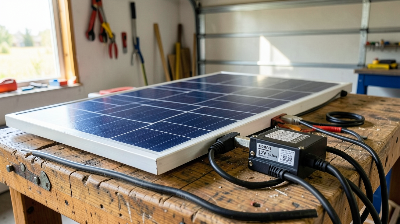 panneau solaire pour recharger batterie branché sur une batterie lithium-ion via un régulateur de charge PWM