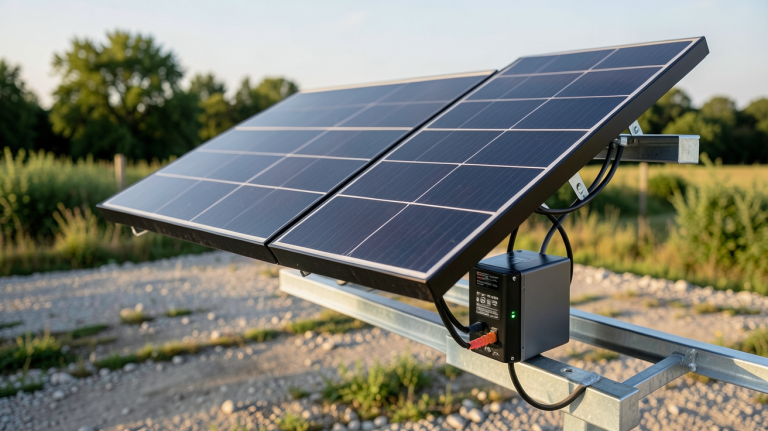 panneau solaire pour recharger batterie installé à l'extérieur avec connexion visible à une batterie lithium-ion