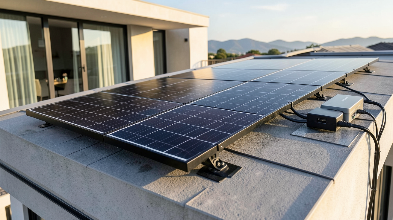 panneau solaire pour recharger batterie installé sur le toit d'une maison moderne avec batterie de stockage