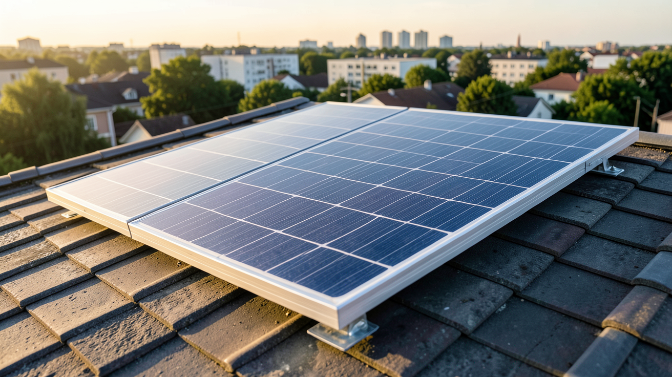 panneau solaire monocristallin pour recharger batterie installé sur un toit résidentiel