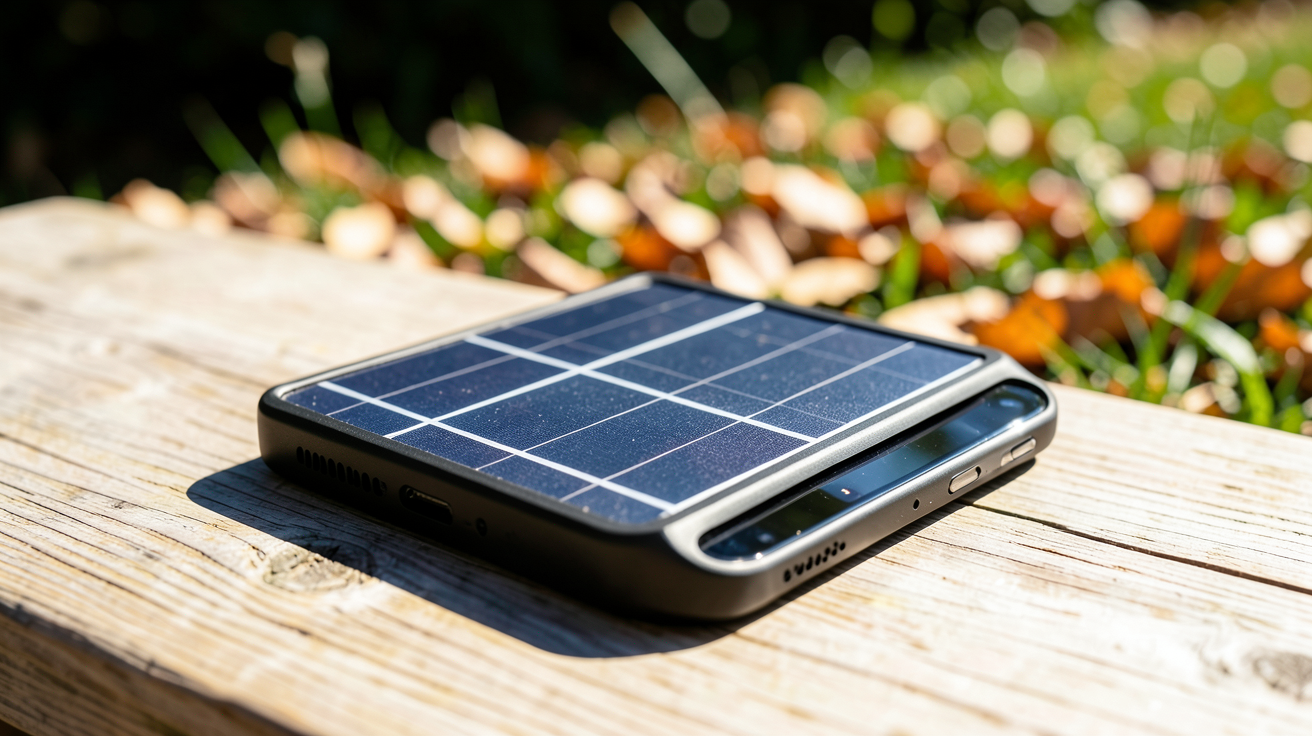 panneau solaire pour recharger téléphone posé sur une surface en bois en plein soleil