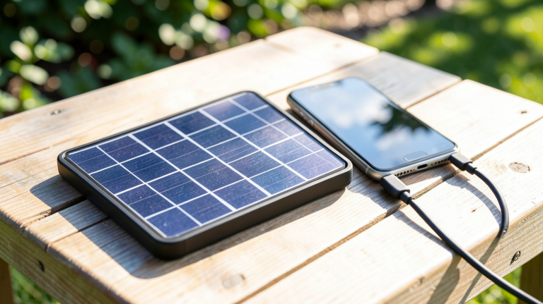 panneau solaire pour recharger téléphone posé sur une table en bois en extérieur par une journée ensoleillée