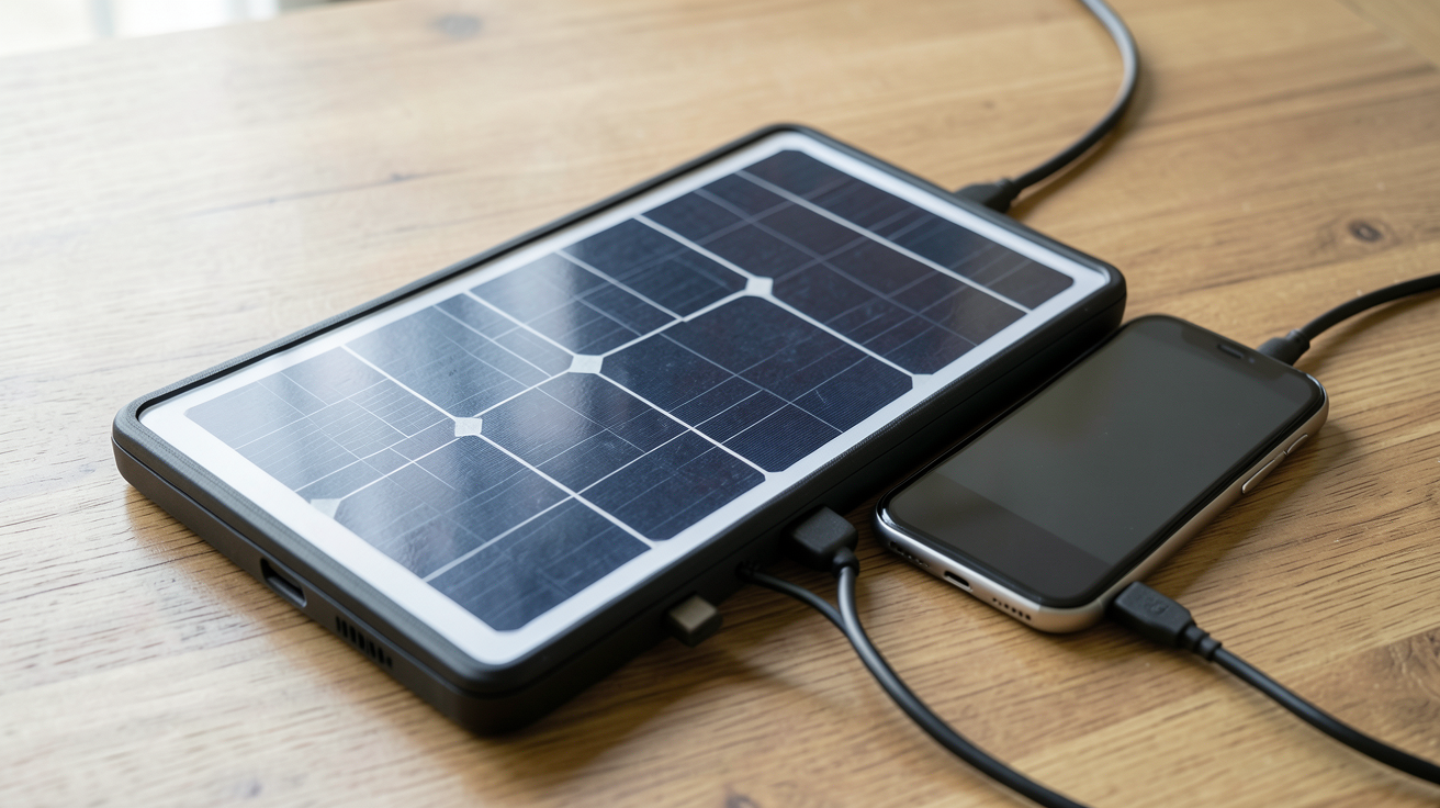 panneau solaire pour recharger téléphone en train de recharger un smartphone posé sur une surface en bois