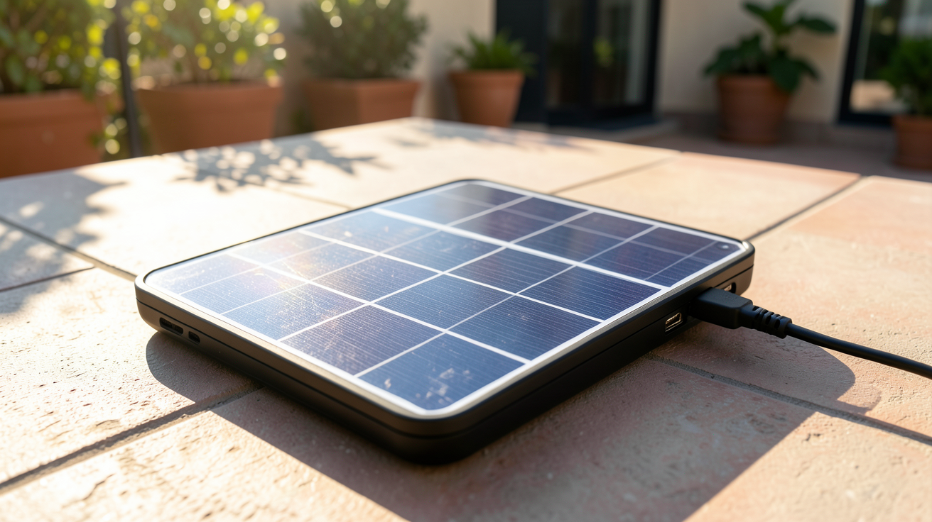 panneau solaire pour recharger téléphone placé à l'angle optimal sur une terrasse ensoleillée