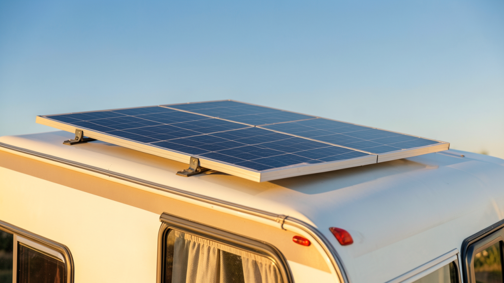 panneau solaire pour roulotte installé sur le toit d'un camping-car en été