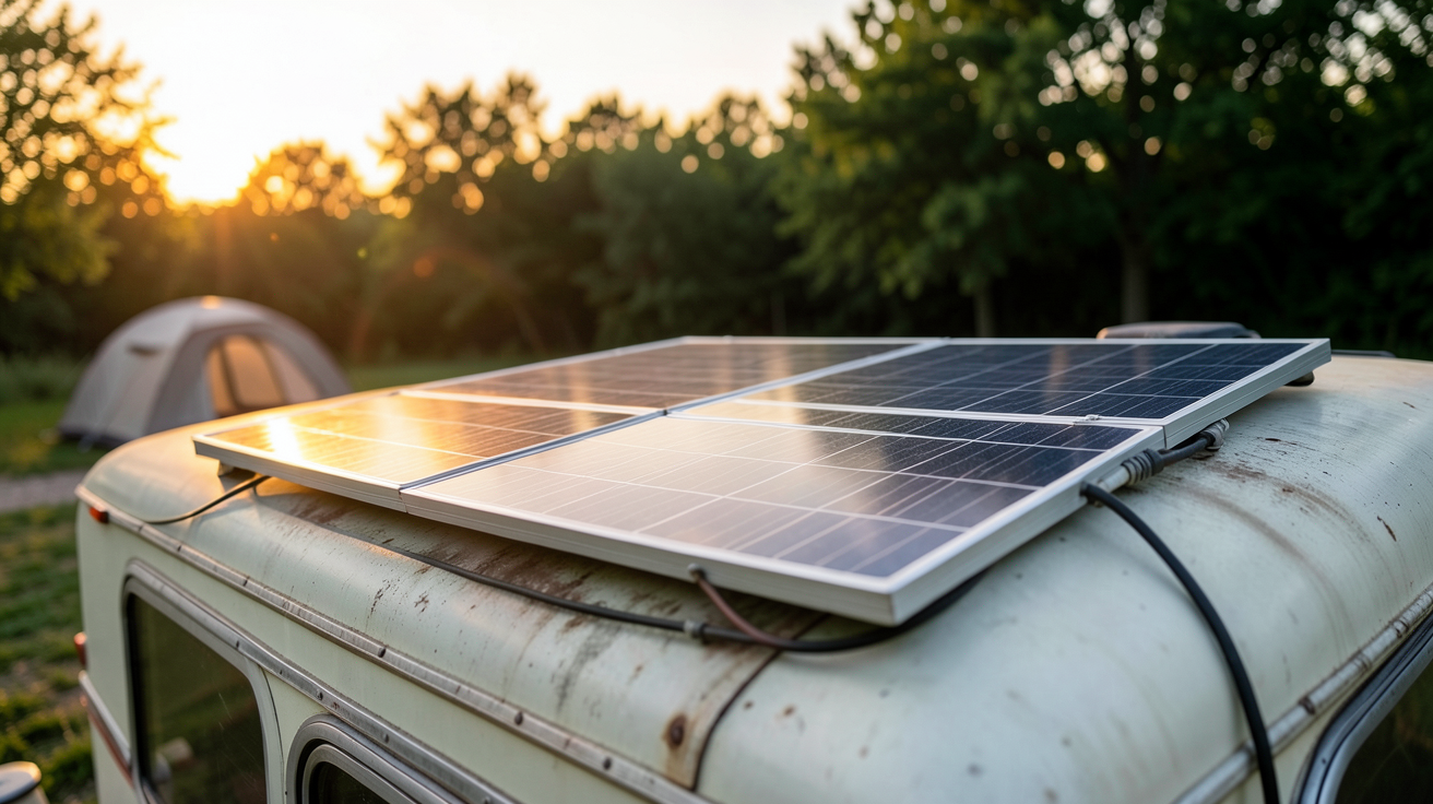 panneau solaire pour roulotte installé sur le toit d'une caravane vintage, équipement écologique