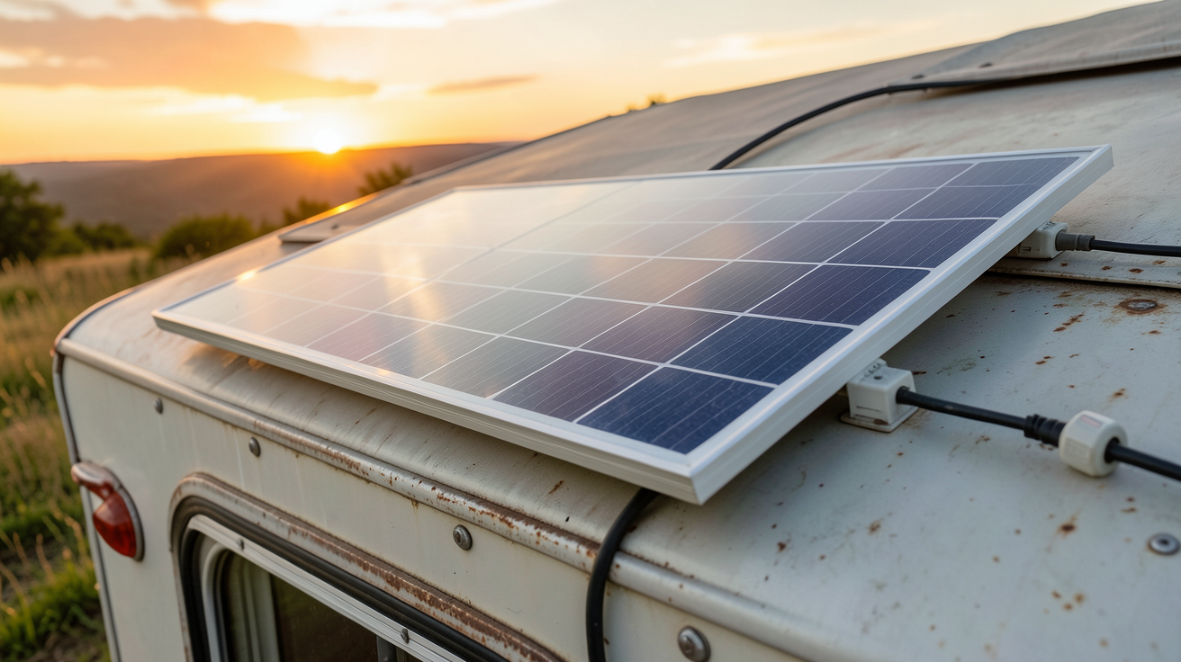 panneau solaire pour roulotte installé sur le toit d'une caravane vintage avec lumière dorée du coucher de soleil